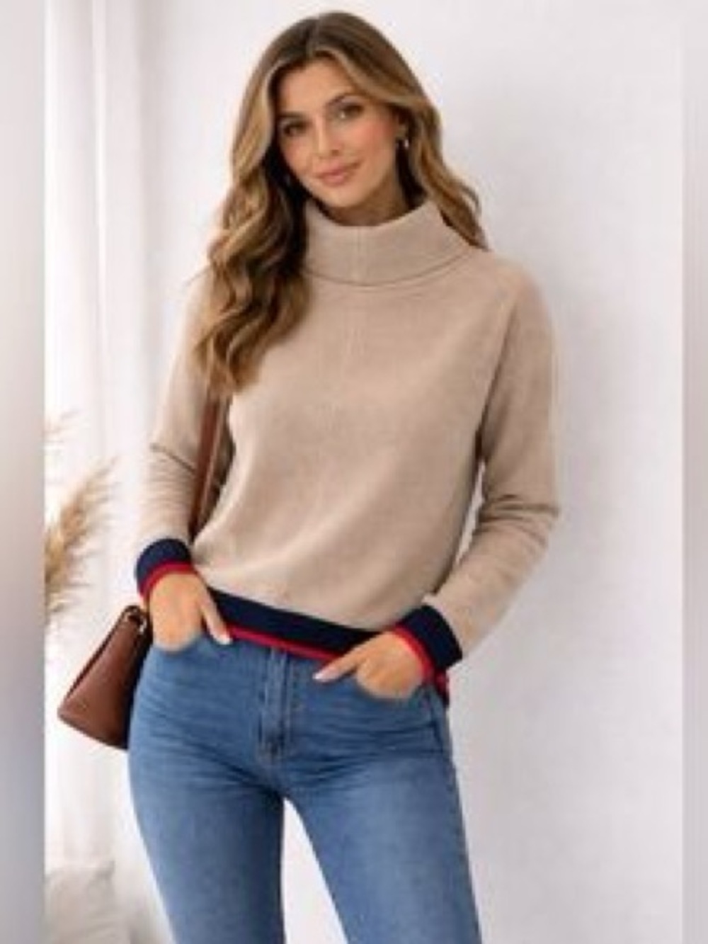 RARE Victoria Victoria Beckham | Beige Ribbed Cowl neck Zipper Striped Sweater L